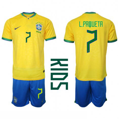 Kids Brazilië Lucas Paqueta #7 Thuis tenue WK 2022 Korte Mouw (+ Korte broeken)