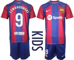 Kids Barcelona Robert Lewandowski #9 Thuis tenue 2023-24 Korte Mouw (+ Korte broeken)