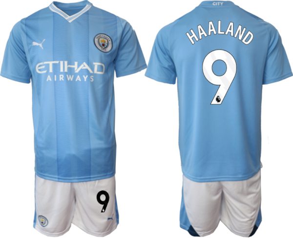 Manchester City Erling Haaland #9 Thuis tenue Voetbalshirts 2023-24 Korte Mouw (+ Korte broeken)