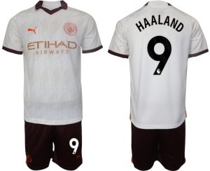 Manchester City Erling Haaland #9 Uit tenue Voetbalshirts 2023-24 Korte Mouw (+ Korte broeken)
