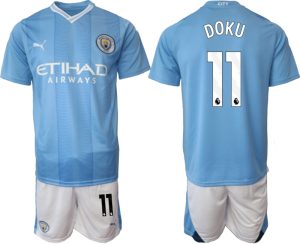 Manchester City Jeremy Doku #11 Thuis tenue Voetbalshirts 2023-24 Korte Mouw (+ Korte broeken)