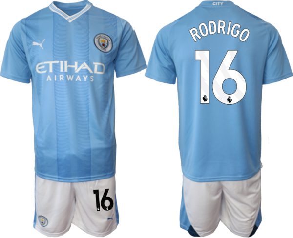 Manchester City Rodrigo #16 Thuis tenue Voetbalshirts 2023-24 Korte Mouw (+ Korte broeken)