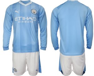 Manchester City Thuis tenue Voetbalshirts 2023-24 Lange Mouw (+ Korte broeken)